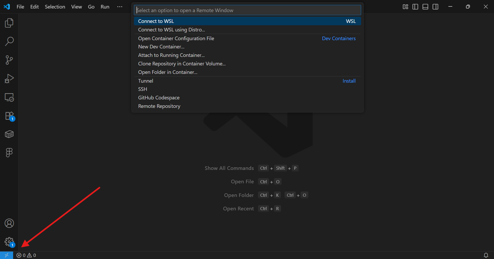 The red row points to the button which when clicked shows the options for remote features.